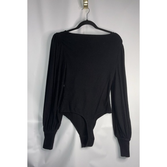 Majorelle Revolve Women's Medium Black Ribbed Long Puff Sleeve Bodysuit V Neck - Picture 5 of 8